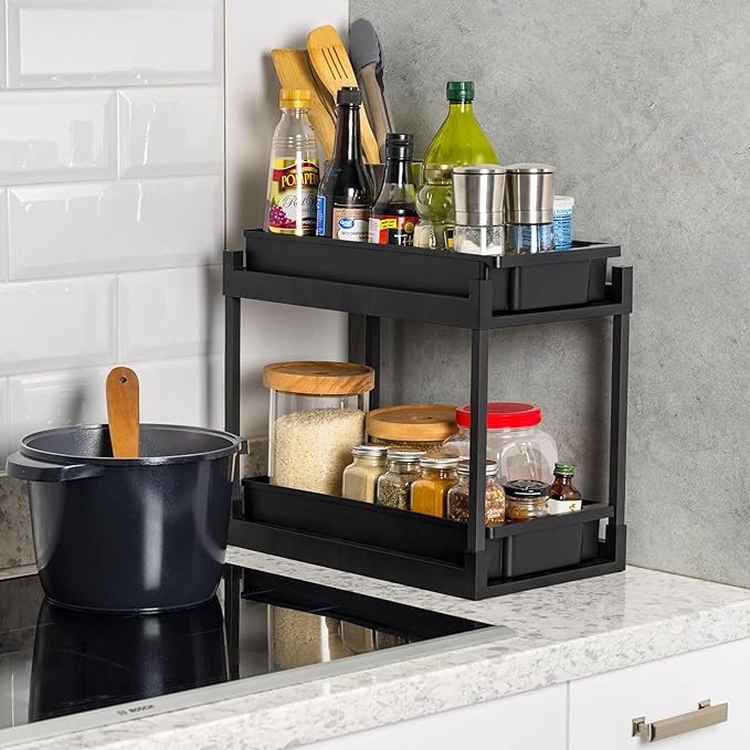 IRIS USA Under Sink Organizer, 4 Pack, Bathroom Organizers and Storage, Pull Out Under Cabinet Kitchen Shelf Pantry Under Counter, Cleaning Supplies, Vertical Spice Rack Slide Out Drawer, Easy Install