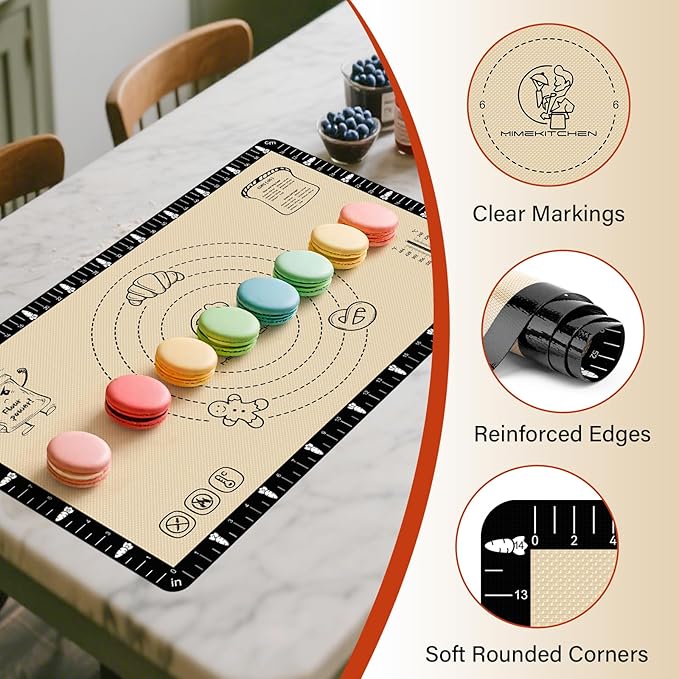 Silicone Baking Mat with Recipes, Silicone Mat for Baking Macaron, Bread, Pizza, Extra Thick Silicone Baking Mat with Measurement, Non Stick Pastry Mat for Dough Rolling Out