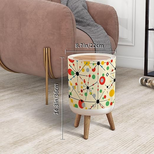 Trash Can with Lid Mid Century Fifties Modern Atomic Retro Colors Seamless Part Press Top Round Small Garbage Bin with Wooden Legs Waste Basket for Kitchen Bedroom Nursery 7L/1.8 Gallon