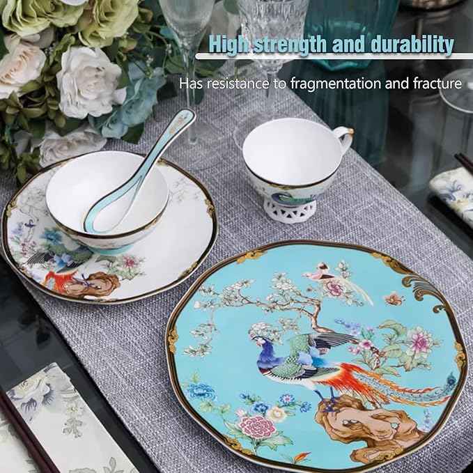 ACMLIFE Bone China Dinnerware Set, Vintage Floral Fine China Dinnerware Sets, Porcelain Dinnerware Sets for 4, Light Blue 12 Piece Fine China Set Lightweight Dinnerware Set for Gifts (Blue)