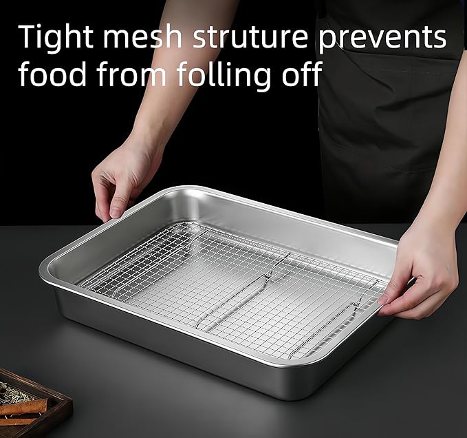 Stainless Steel Sturdy Roasting Pan with Cooling Rack – Oven, Toaster & Grill Safe, Deep Edge, Smooth Finish, Dishwasher Safe – Perfect for Turkey, Chicken, BBQ (23.4x15.6x2.8in)