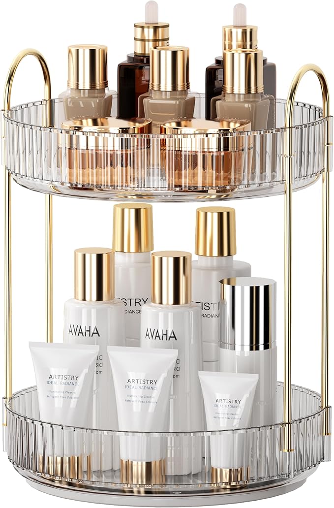 YCIA&DONE Rotating Makeup Organizer and Square Rotating Makeup Organizer White 2 Tier