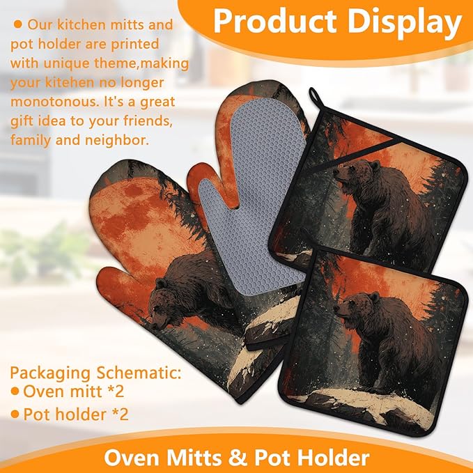 Bear Forest Oven Mitts and Pot Holders Sets 4Pcs Silicone Non-Slip Mitts Heat Resistant Gloves Hot Pads for Kitchen Cooking Baking Grilling BBQ