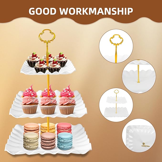 10 Pack Dessert Table Display Set - 4 x Three-Tier Square Cupcake Stands and 6 x Serving Trays, Elegant Tableware for Cakes, Cupcakes, Pastries, and Snacks, Perfect for Parties (White)