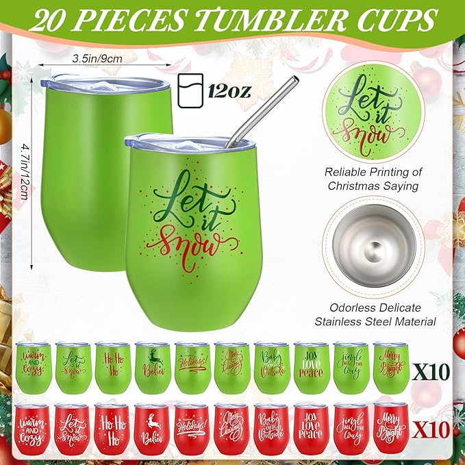 Uiifan 20 Pack Christmas Tumblers Gifts 12 Oz Xmas Funny Tumbler Christmas Stainless Steel Coffee Mugs Set Xmas Insulated Travel Cup with Straw Lid for Family Xmased Holiday Gift (Red Green)