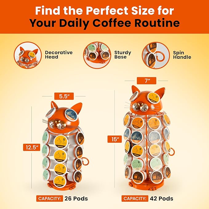 Made Easy Kit Carousel Coffee Pod Holder, Compatible with Keurig K-Pods K-Cups, Countertop Rack Storage Organizer, Metal Home and Kitchen Decor, Capsule Café Station Bar (Large, Orange Cat)