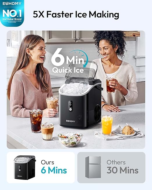 EUHOMY Nugget Ice Maker Countertop with Handle, Ready in 6 Mins, 34lbs Per Day, Removable Top Cover, Self-Cleaning, Portable Sonic Ice Maker with Basket and Scoop, for Home/Party/RV/Camping(Black)