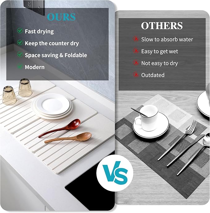 Extral Large Quick Dry Stone Drying Mat for Kitchen Counter,28x16 Inch Collapsible Eco-Friendly Absorbent Diatomaceous Earth Mat for Dishes Cups (White-Upgraded Version, 16x12 inch)