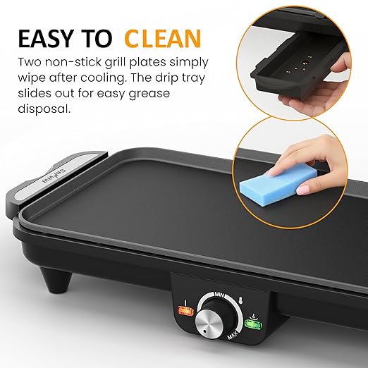 Electric Griddle Indoor, 1600W Large Flat Top Grill with 17.5" x 9" Nonstick Plates, 2 Cooking Zone with Adjustable Temp, Pancake Egg Maker with Drip Tray, Indicator Light