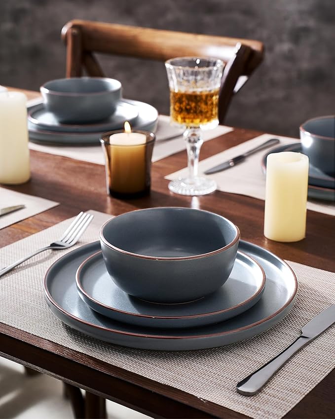 Famiware Mercury Dinnerware Sets with Mugs, Service for 6 (24 Pieces), Stoneware Plates and Bowls Sets, Microwave and Dishwasher Safe Dishes Set, Charcoal
