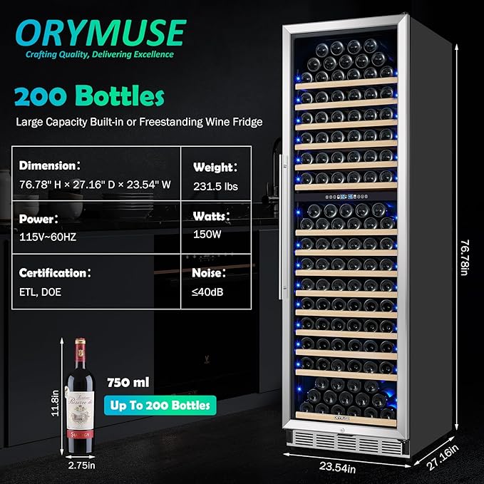 ORYMUSE 200 Bottle Dual Zone Wine Fridge - 24 Inch Large Wine Cooler Refrigerator, Freestanding and Built-in Design, Upgraded Compressor Cooling, Intelligent Temperature Memory