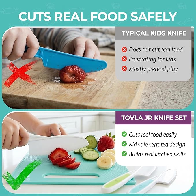 Tovla Jr Kids Safe Knife Set for Real Cooking | Toddler Knife Set with Chopper and Cutting Boards | Montessori Kitchen Tools with Visual Recipe Booklet | Ages 4 to 10