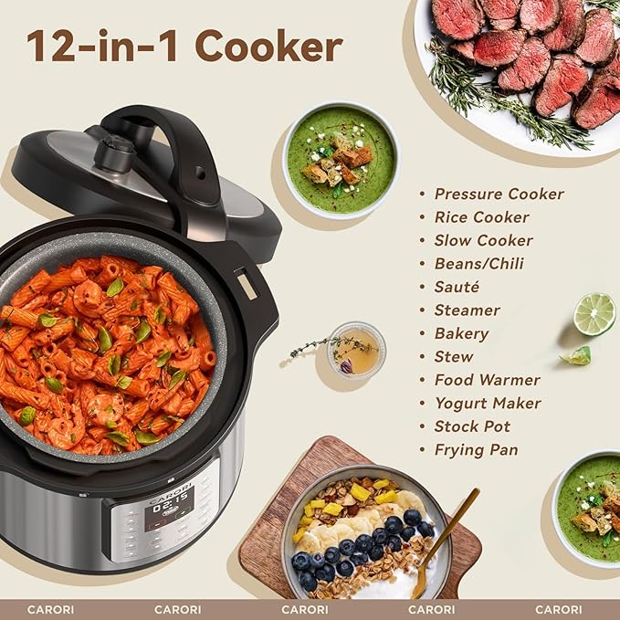 12-in-1 Electric Pressure Cooker 8 Quart, 1200W olla de presion Multi-Cooker with Non-Stick Ceramic Pot, Slow Rice Cooker, Saute, Steamer, Yogurt & Food Warmer, Delay Timer, Silver
