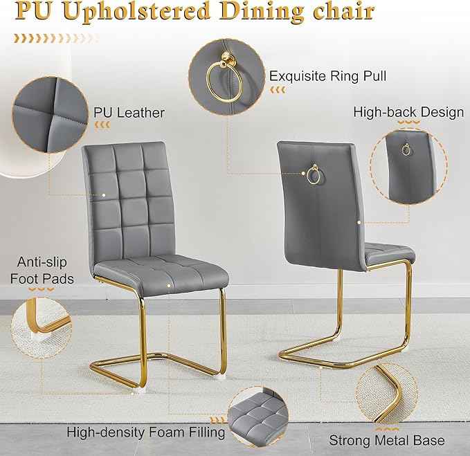 AF ARTISAN FURNITURE 37'' Square Glass Dining Table Set for 4, Kitchen Table Chairs Set of 4, Clear Gold Glass Dining Tables with Stainless Steel Legs, 4 Grey PU Dining Chairs, Living Room, Kitchen