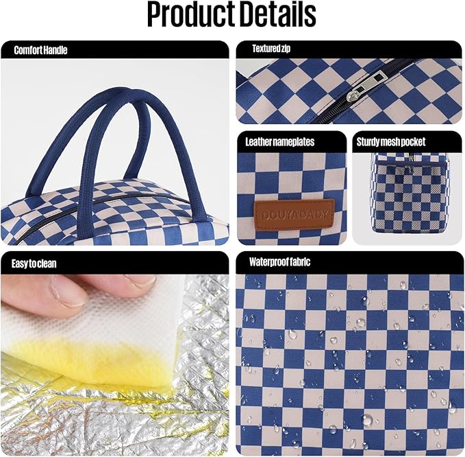 douyadady Lunch Bag Women/Men Lunch Box Women/Men (Blue+Beige Checkerboard)