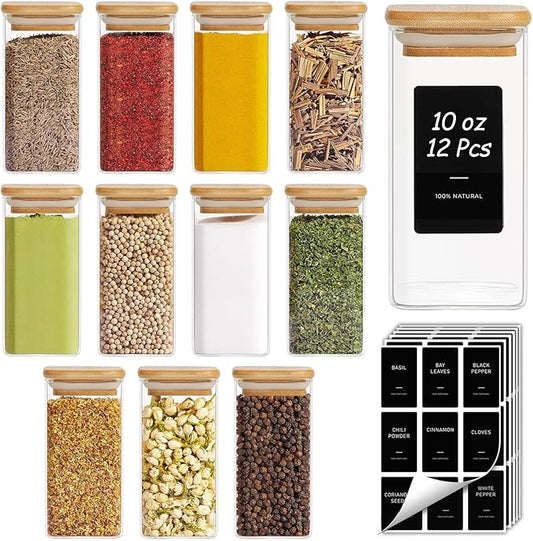 ComSaf 12Pcs Spice Jars with Labels, Glass Jar with Bamboo Lid, 10oz Airtight Square Containers with Black Lables, Empty Seasoning Jars for Spice, Salt, Pepper, Sugar