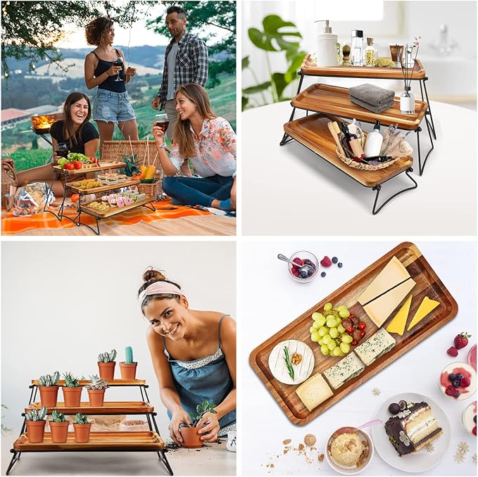 3 Tier Cupcake Stand and Towers Large Serving Tray for Party Acacia Wooden Dessert Table Display Set Decorative Tray Tiered Tray Decor Small Chees Charcuterie Boards Rustic Wood Serving Platters Trays