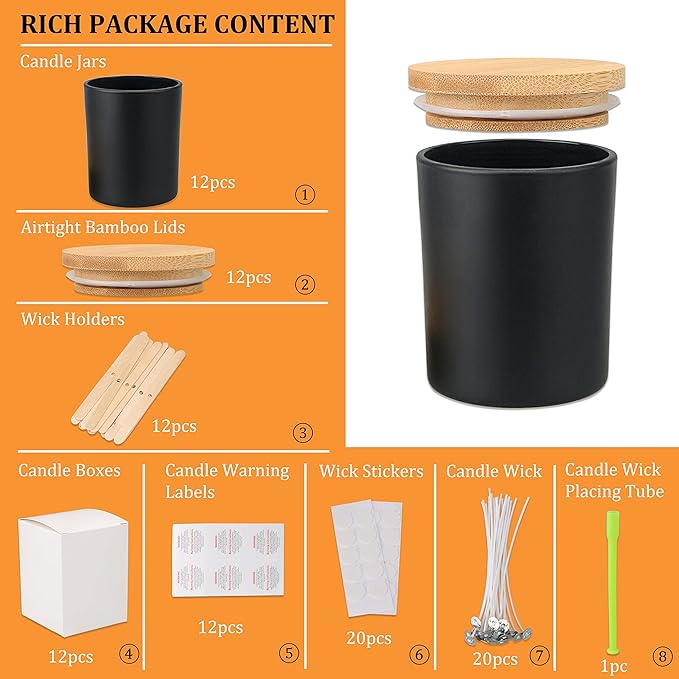 MILIVIXAY 12 Pack 10 OZ Black Matte Glass Candle Jars with Lids and Candle Making Kits - Bulk Empty Candle Jars for Making Candles - Spice, Powder Containers.