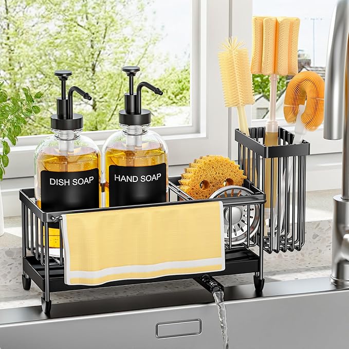 Kitchen Soap Dispenser Set with Sponge Holder and Towel Rack, 17OZ Glass Bottle, Hand and Dish Soap Dispenser Set, Non-Slip Silicone Pad, Brush Holder, Sink Organizer Countertop (Transparent)