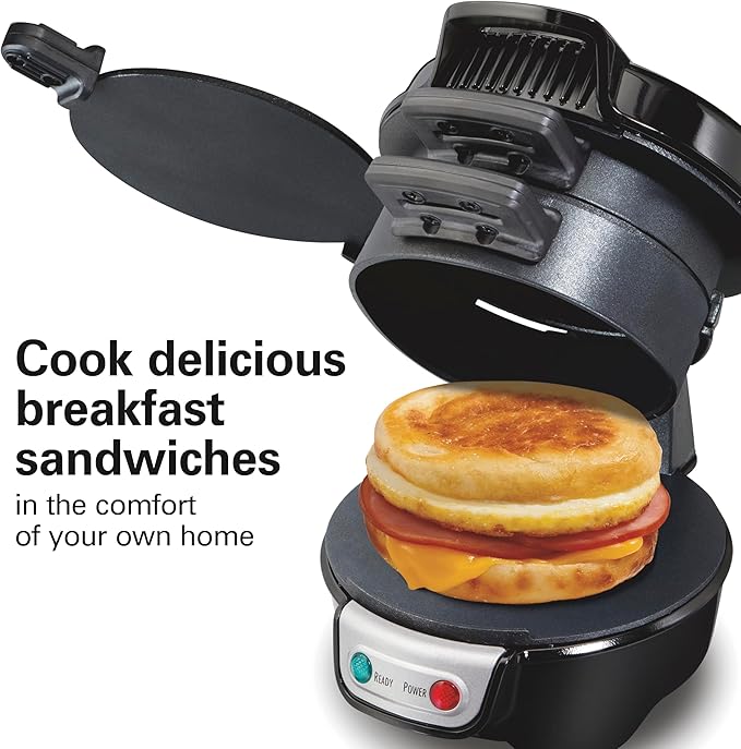 Hamilton Beach Breakfast Sandwich Maker with Egg Cooker Ring,Customize Ingredients,Perfect for English Muffins,Croissants,Mini Waffles,Perfect White Elephant Gifts,Black (25477),(Pack of 4)