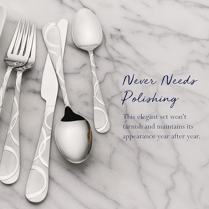 Pfaltzgraff Garland Frost Silverware Set 53-Piece, 18/0 Stainless Steel Flatware Set Service for 8 with Hostess Serving Utensils, Dishwasher Safe Cutlery Set
