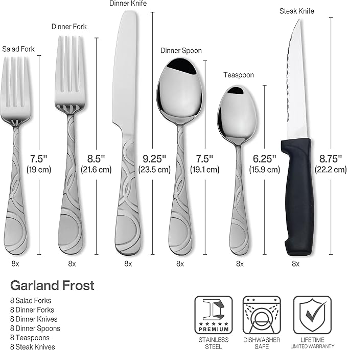 Pfaltzgraff Garland Frost Silverware Set 53-Piece, 18/0 Stainless Steel Flatware Set Service for 8 with Hostess Serving Utensils, Dishwasher Safe Cutlery Set