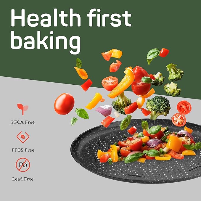 Emporio Kitchen Pizza Baking Pan - 15.75-Inch Round Perforated Carbon Steel Tray with Non-Stick Gray Marble Coating, Airflow Design, Dishwasher & Oven Safe (Up to 450°F), PFOA, PFOS, PTFE-Free, Gray
