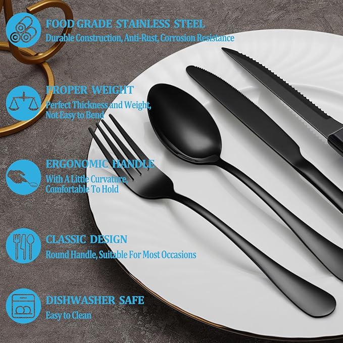 72 Pcs Black Silverware Set with Steak Knives, Stainless Steel Flatware Cutlery Set Service for 12, Kitchen Tableware Set, Utensil Set for Home and Restaurant, Knives Forks Spoon Set, Dishwasher Safe