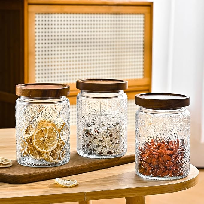 Adodeen 3-Pack 24oz Vintage Glass Jar With Lid, Glass Storage Containers, Airtight Kitchen Storage Containers For Sugar, Coffee, Tea, Spice, Flour, Candy Cookie, Pasta, Cereal