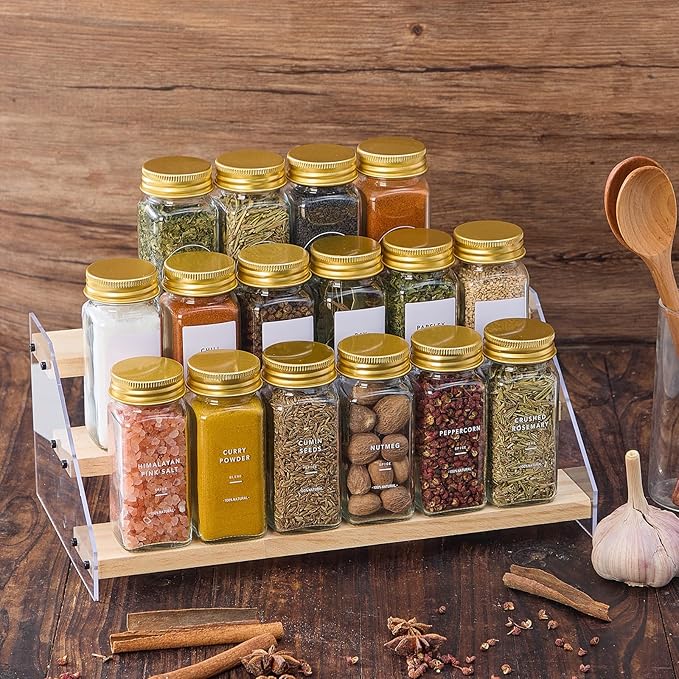 36 Pcs Glass Spice Jars with 576 Labels, 4oz Empty Square Spice Containers,Seasoning Bottles with Gold Metal Caps - Shaker Lids, Funnel and Pen Included
