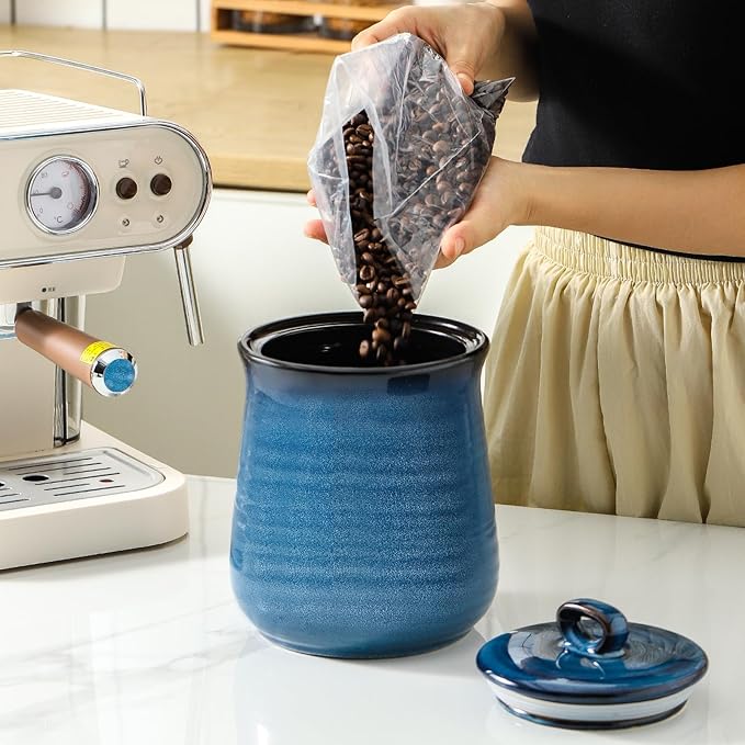 HASENSE Ceramic Food Storage Jar with Airtight Lid, 80 FL OZ Large Blue Coffee Container & Candy Canister for Countertop, Farmhouse Kitchen Decor for Sugar, Tea, Flour, Cookies, Snacks & More