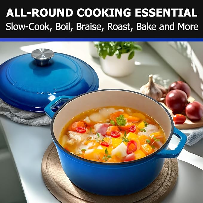 MUELLER HOME 4.5 QT Enameled Cast Iron Dutch Oven, Heavy-Duty Casserole Dish and Braiser Pan with Lid and Stainless Knob, Oven-Safe up to 500° F & Across All Cooktops, Aqua Blue
