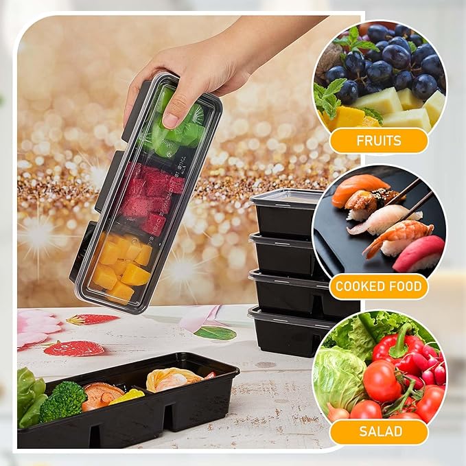 Hushee 5 Pack 17 oz Small Meal Prep Containers with 3 Compartments Snack Containers with Lid Disposable Plastic Bento Box Travel Lunch Food Boxes Stackable for Office Picnic (Black)