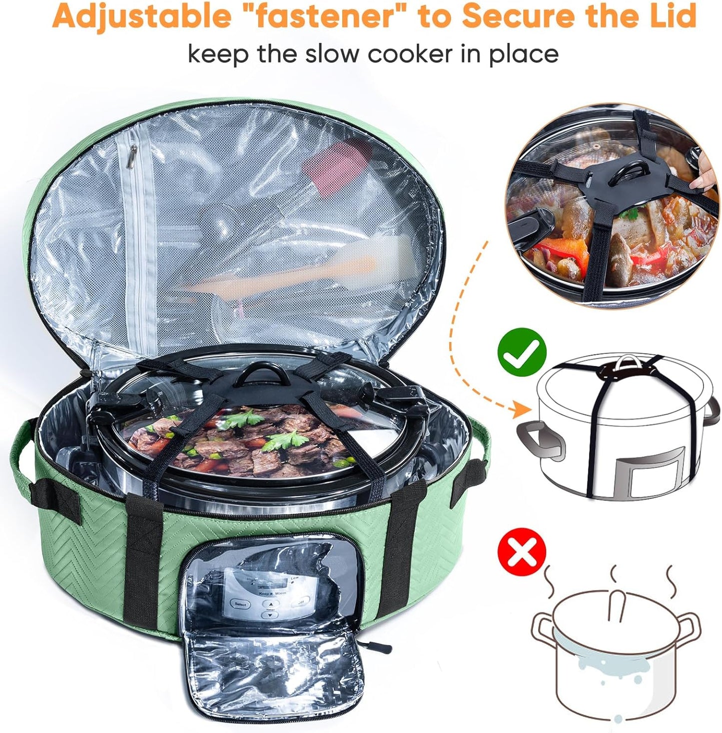 Insulated Slow Cooker Carrying Bag for 6-8 Quart CrockPot and Hamilton Beach Slow Cooker with See-thought Window, Portable Carrier Case with Adjustable Band and Accessory Pocket