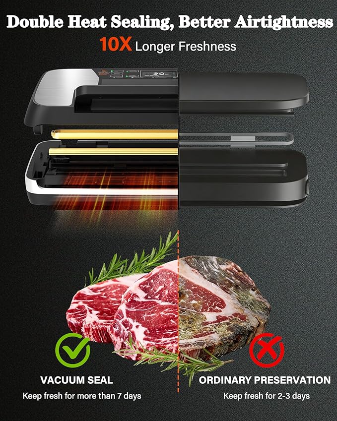 95kPa Food Vacuum Sealer Machine, Powerful 230W Vacuum Pack System with Double Heat Seal for Moist & Dry Food, 12-in-1 Automatic Sealer Includes Built-in Cutter, Hose for Jars & Wine, 1 Roll + 10 Bags