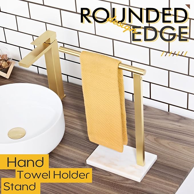 KOKOSIRI Hand Towel Rack Standing Towel Bar with Steady Marble Base for Bathroom Vanity Countertop, Brushed Gold Stainless Steel 15.7'' Height THS0006-BG