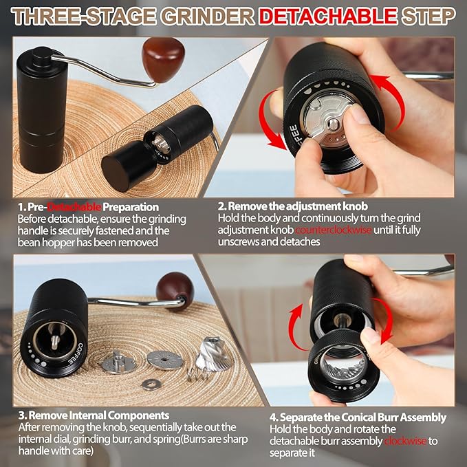Detachable Manual Coffee Grinder with 25 Level Stainless Steel Conical Burr Portable Aluminum Coffee Bean Grinder Suitable for Moka Pot Espresso French Press Pour Over Maker Easy Cleaning with Brush