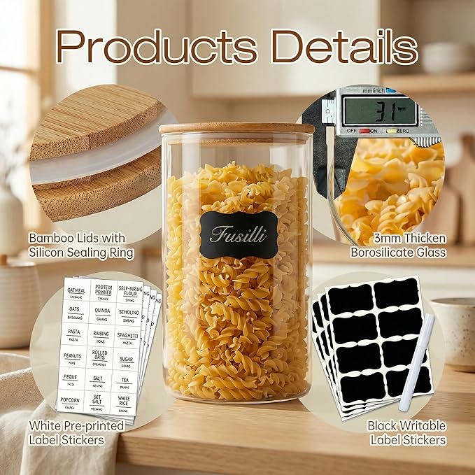 HomArtist 21oz - 4 Pack Glass Jars with Bamboo Lids, Glass Food Storage Containers with Airtight Lids, Air Tight Pantry Storage Containers for Coffee, Sugar, Spice, Meal Prep Jars for Salad & Fruit