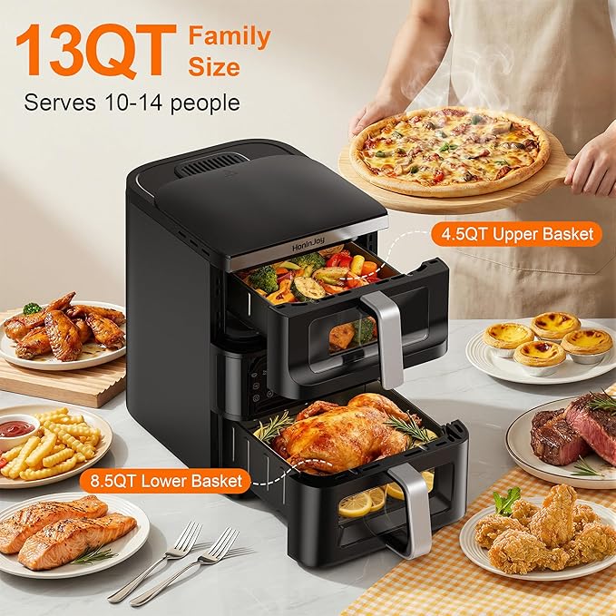13QT Dual-Basket Air Fryer, Vertical Compact Large Air Fryers with viewing window & Independent Light, 10-in-1 Presets for Home Family, Bake/Grill/Dehydrate/Reheat, Freidora De Aire Dishwasher-Safe