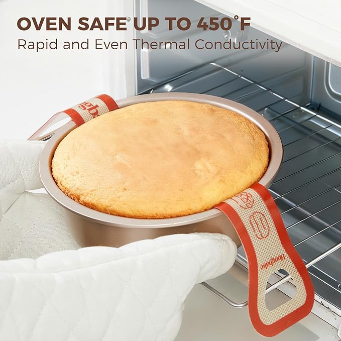 HONGBAKE 8 Inch Round Cake Pan Set for Baking with 2 Pcs Silicone Baking Sling Mats, Nonstick Circle Cake Pans Set of 2, 2.5" Deeper Layer Cake Tin for Oven, Cheesecake Mold, Huty Duty, Golden