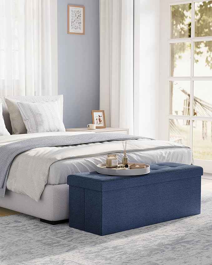 SONGMICS MAZIE Collection - 43 Inches Folding Storage Ottoman Bench, Ottoman Foot Rest, End of Bed Bench, Storage Chest, Load 660 lb, for Living Room, Bedroom, Entryway, Midnight Blue ULSF77IN