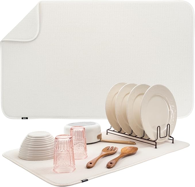 S&T INC. Dish Drying Mat 18" x 30" Cream and Dish Soap Dispenser White and Bamboo Bundle