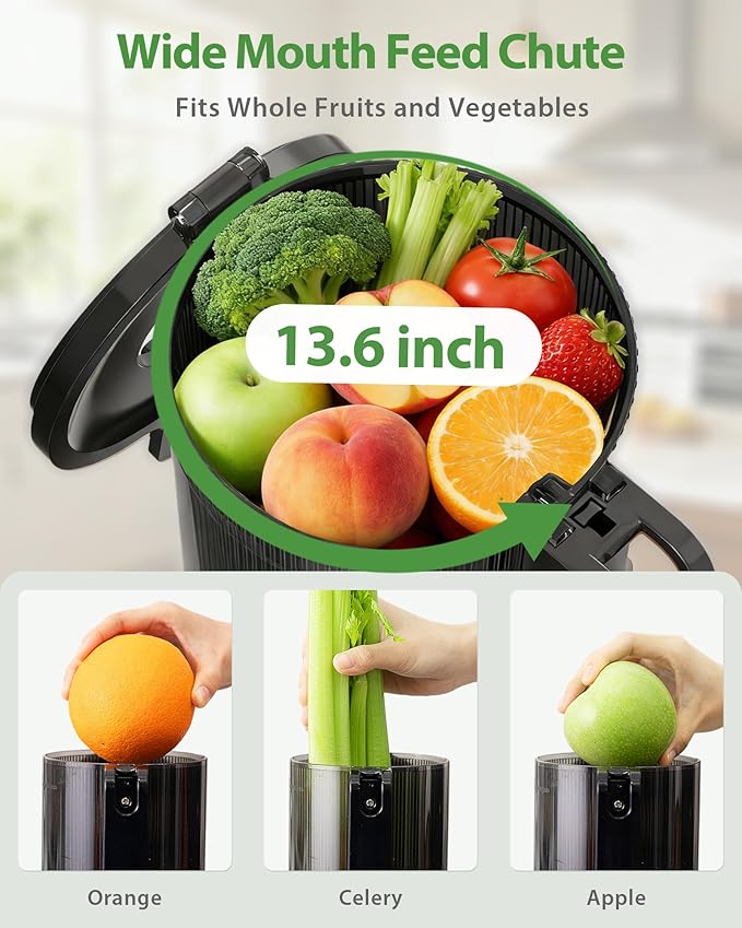 ECOSELF Juicer Machines - Wide Mouth Feed Chute For Fruits and Leafy Greens - Juice Extractor Machine With Self Feeding & Hands-Free Design For Family - Cold Press Juicer Easy to Clean（With Brush）