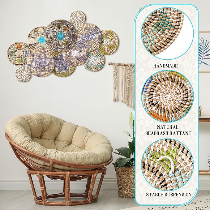 Tatuo 11 Pcs Boho Wall Basket Decor Bulrush Woven Wall Hanging Art Round Farmhouse Rustic Handmade Wicker for Summer Home, Bedroom, Living Room, Kitchen Decorations, Multi Sizes(Multicolour)