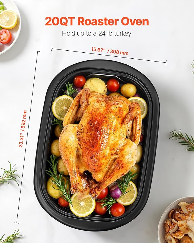 VEVOR Roaster Oven, 20QT Electric Roasting Pan, 150-450℉ Adjustable Temperature Fast-Cooking Turkey Roaster, Turkey Oven with Self-Basting Lid, Defrost & Warm Function for Home, Fits 24lb Turkey