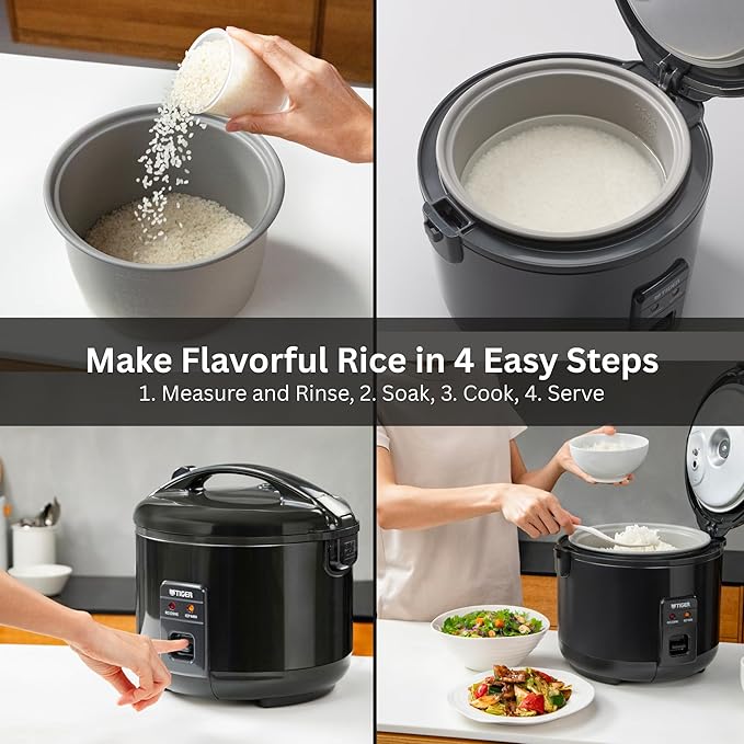 Tiger JNP-S18U-KY 10 Cup Capacity White Rice Cooker with Non-Stick Inner Pot, Retractable Power Cord, and Keep Warm up to 12 hours (Obsidian Black)