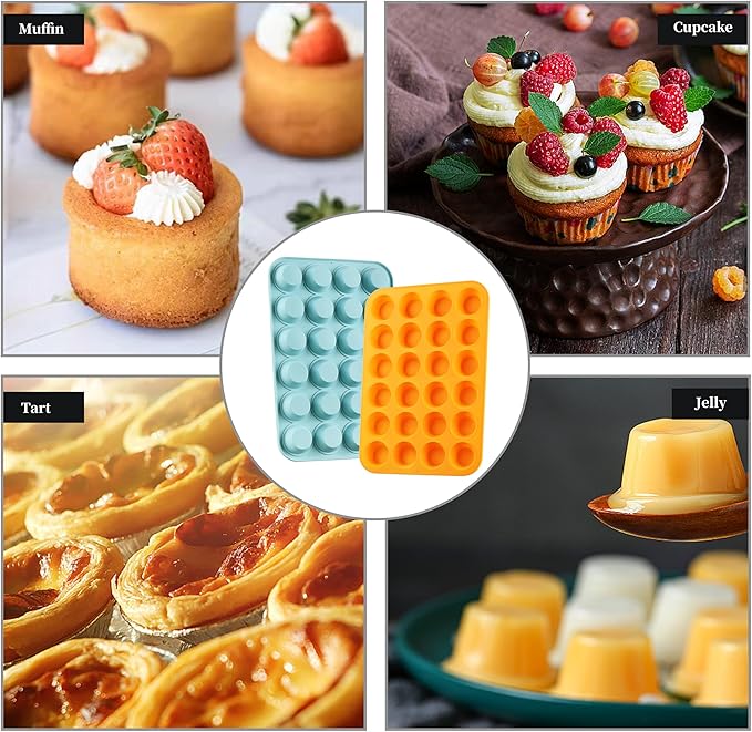 2PCS Silicone Mini Muffin & Cupcake Pan Set, Little Cook 24 Cups Mini Muffin Baking Pan, Non-Stick, BPA Free, Dishwasher Safe, Perfect for Making Muffin, Cakes, Tart (Orange + Peacock Blue)