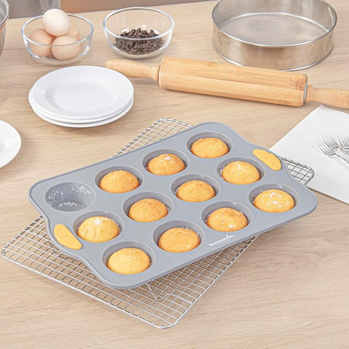 Restaurantware Silicone Baking Molds Pack of 10 Non-Stick Muffin Molds with Handles 12 Compartments, Oven-Friendly Dishwashable Freezer-Friendly Heat-Resistant Gray Silicone Cupcake Muffin Pans
