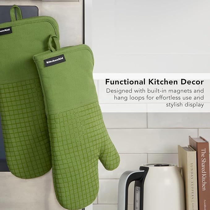 KITCHENAID Gourmet Series Gridlines Oven Mitts 2-Pack Set, Heat Resistant up to 600°F, Soft Silicone Grip, Magnetic Cuff, Matcha Green, 7"x14"