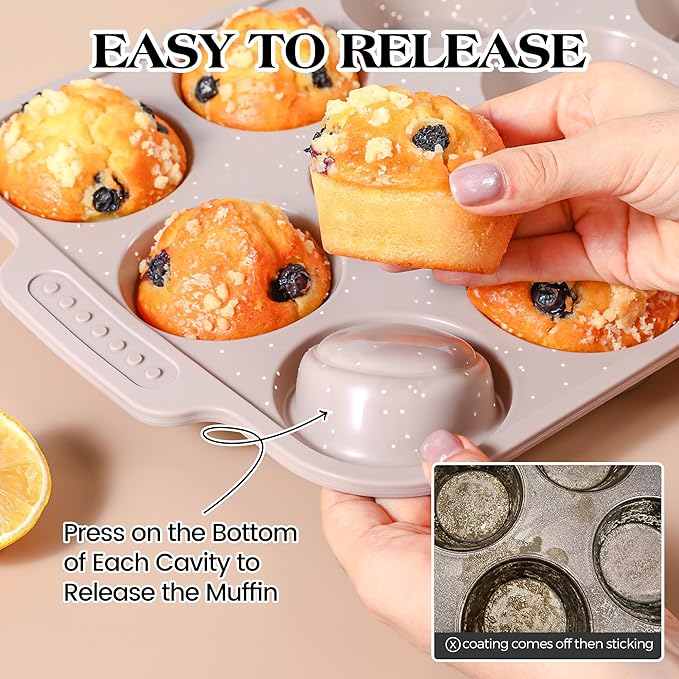 2 Pcs Silicone Muffin Pans for Baking with Metal Reinforced Frame, Nonstick Cupcake Tray for Oven, 12 Cups Regular Size Silicone Molds for Egg Bites, Dishwasher Safe (Brown, Cream)